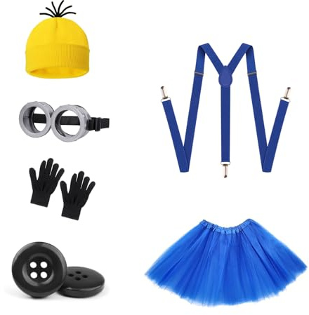 Snyvpra Kostüm Damen Erwachsene, 7-teiliges Gelbes Cosplay Set mit Mütze Brille Tutu Rock Hosenträger Handschuhe Knöpfe, Faschingskostüme Halloween Karneval Mottoparty Verkleidung