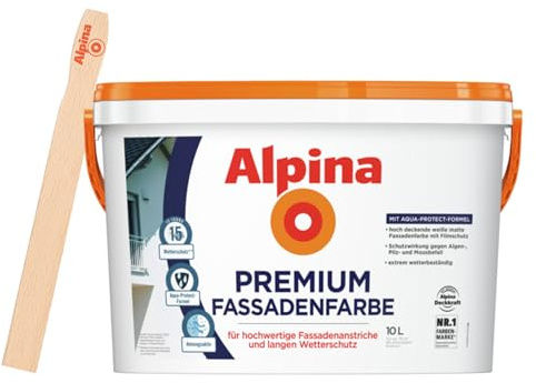 Alpina Premium Fassadenfarbe 10 Liter Weiß matt – langlebige Schutzschicht für strahlende Außenwände – inkl. gratis Rührholz