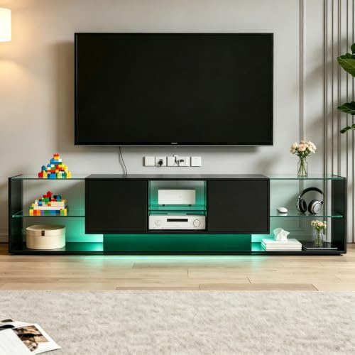 ZSSWSS Mobile TV 200 cm, Mobili TV LED con Mensola in Vetro, Mobile TV per Soggiorno, Banco TV Moderno in Legno con 2 Cassetti, Armadio Basso per Soggiorno, Nero