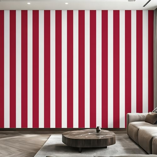 W150 X H105 cm Red White Striped Wallpaper, Wall Mural Modern Stripe Photo Wallpaper, Non-Woven Print Wall Paper for Living Room Bedroom Art Decor, Renter Friendly D&O161
