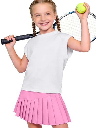 Autmor Tennis-Outfit for Mädchen, Sleeveless T-Shirt Tops & Tennisrock, Pleated Skirt with Inner Shorts Pockets, für Golf, Badminton (7-8jahre, White)
