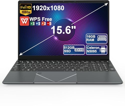 PINSTONE Computer portatile da 15,6 pollici, PC portatile 16 GB LPDDR4 RAM 512 GB SSD, processore Celeron N5095 quad-core riconoscimento impronte digitali, HDMI, Bluetooth 4.2, WiFi 5, USB 3.0