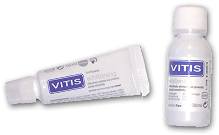 Vitis Whitening Mini-Reise-Set – Whitening Zahnpasta 15 ml + Whitening Mundwasser 30 ml