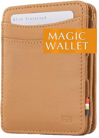 Hunterson flacher Geldbeutel fuer Herren aus Leder, Magic Wallet mit RFID-Schutz, Geldboerse mit Kleingeld und Platz fuer 6 Karten, Cognac