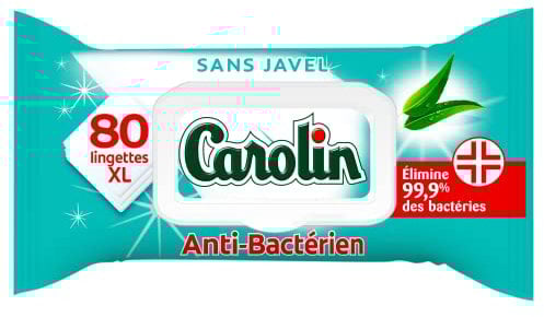 Carolin Lingettes Anti-Bactériennes à l'Huile Essentielle d'Eucalyptus, Sans Javel x80