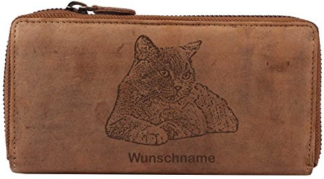 Greenburry Vintage Damen Portemonnaie Geldbörse Braun 19x2,5x10cm mit Motiv der Britisch Kurzhaar Katze
