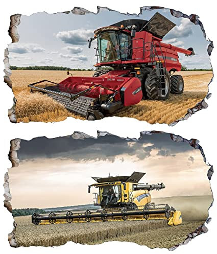 2Pcs Wandtattoo Traktor Trecker 3D Effekt XXL Farm Feld Landwirtschaft Wandaufkleber Fenster Selbstklebend für Junge Kinderzimmer Groß 1000mmx600mm v16