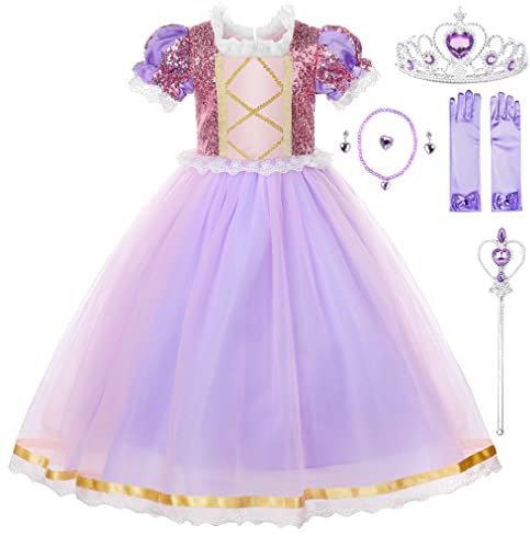 JerrisApparel Filles Princesse Costume Paillette Noël Fête Cosplay Déguisement Robe (4 Ans, Lilas avec Accessoires)