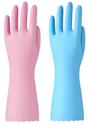 Bamllum 2 Pairs of Reusable Cleaning Gloves - Latex Free Kitchen Cleaning Gloves with Cotton Lining - Household Dishwasher Gloves, Non-Slip Waterproof (Medium) Blue+Pink