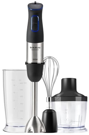 Taurus Amazing – Batidora AHBA1000X | 1000W | 20 velocidades + Turbo | Cuchillas inox 4 filos | Diseño soft-touch | Antisalpicaduras | Set de accesorios completo