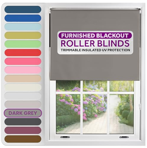 FURNISHED Roller Blinds Window Blackout, Dark Grey, 220cm Wide x 165cm Long | Thermal 100% blackout trimmable insulated UV protection child safe easy fit home office window blinds