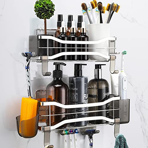 OETAMS Duschregal Ohne Bohren 2 Stück Duschablage mit 8 Zubehör Duschkorb Rostfrei Badezimmer Regal Selbstklebend Shampoo Halterung Wand Bad Regal, Silber