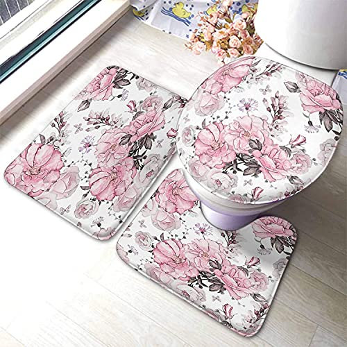 rutschfeste 3 Badteppich Set Aquarell Blume Rosa Blumen Rosen Und Blätter Auf Weiß rutschfeste Fußmatte Set Weiche Wasserabsorbierend Badgarnitur Badematten, Für Badewanne, Badezimmer