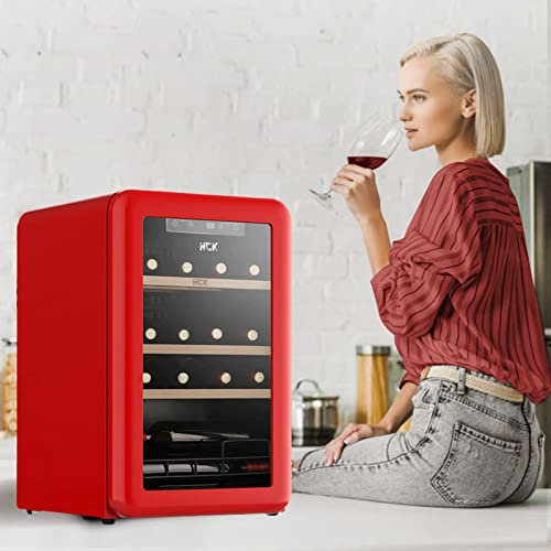 Wine Fridge - Wine Fridge with Glass Door, 20 Bottle Capacity Beer Wine Fridges, 4 to 22°C, 3 Tiers Removable Wine Rack, Energy Efficient, Free-standing, 2 Cooling Zones, 64 Litres,Red