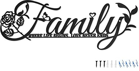 Family Sign Black Metal Wall Decor, Family Where Life Begins, Love Never Ends Word Wall Hanging Decoration, Family Rose Iron Letters Quotes Wall Art Sculpture for Kitchen Living Room Bedroom (A)