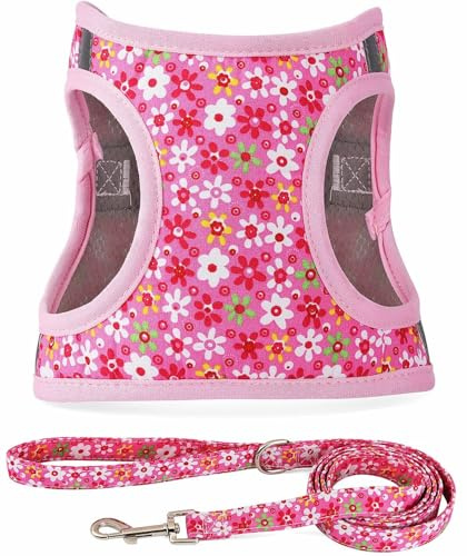 Moonpet Step in Air Hundegeschirr Leine Set – Reflektierendes Blumenmuster gepolsterte Netzweste Geschirr für Katzen, Welpen, extra kleine, kleine, mittelgroße Hunde-Rosa Blume -S