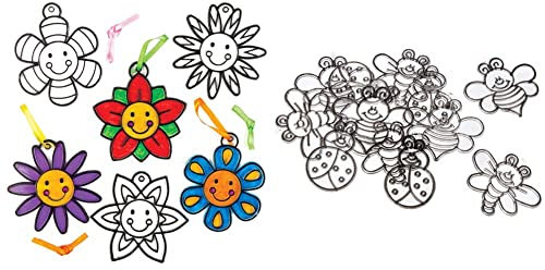 Baker Ross AC770 Smiley, Blume, Sonnenfänger, Basteln für Kinder, hängende Fensterdekoration (8 Stück), sortiert & C317 Glasmalerei-Insekten, Dekorationen, für Kinder zum Basteln, 12 Stück