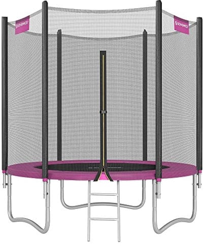 SONGMICS Trampoline Extérieur Enfant Diamètre 183 cm, Filet de Protection Externe, Coussins de Sécurité, Échelle, Poteau Droit de 180 cm de Haut, Cadre en Acier, Noir et Rose STR061P01V1