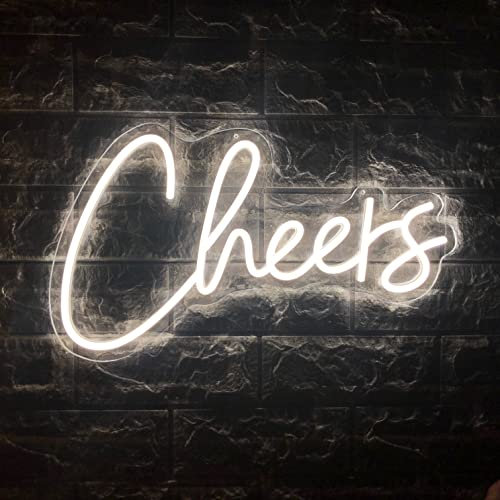 Cheers Neonschild für Wanddekoration, Hausbar, Club, Party, Kaffee, Business, Cocktail, Bar, Männerhöhle, offenes helles LED-Bar-Schild, USB-betrieben mit Metallkette, 43,2 x 24,1 cm, warmes Weiß Weiß