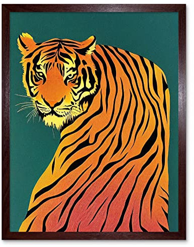 Wee Blue Coo Modern Tiger Portrait on Teal Orange Bold Art Print Framed Poster Wall Decor 12x16 inch