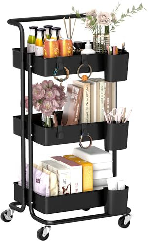 HOMCOM 3 Tier Utility Rolling Cart, Kitchen Cart with 3 Removable Mesh Baskets, 3 Hanging Box, 4 Hooks and Dividers for Living Room, Laundry, Garage, Black