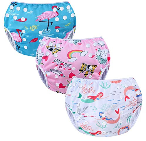 MIXIDON Pannolino da Nuoto Riutilizzabile Neonata Regolabile Costume da Nuoto Pannolini Lavabili Taglia Unica Set da Bagno Carino Costumi da Bagno da Piscina per 0-3 Anni Gru+Unicorno+Sirena