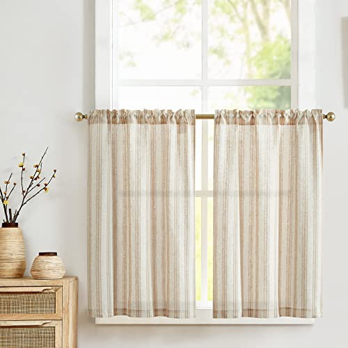 Vangao Streifen Braun Scheibengardinen modern küche Leinenoptik Bistrogardine 2er Set 65Bx60Hcm Gestreifte Halbtransparente Küchen Landhausstil Gardine Kurz für Wohnzimmer Kleinfenster Wohnwagen