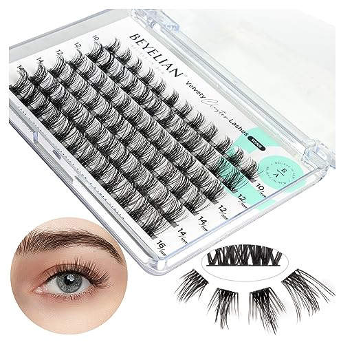 BEYELIAN Pestañas en racimo, 72 piezas D+ individuales, extensiones de pestañas postizas de aspecto natural, reutilizables, con pegamento, banda superfina negra, extensión de pestañas de 10-16 mm