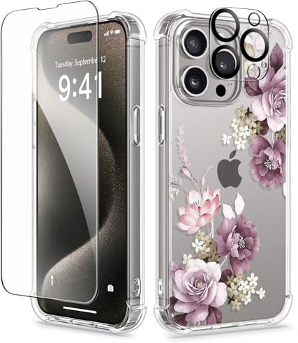 GVIEWIN Case Compatible with iPhone 15 Pro 6.1 2023, with Screen Protector+Camera Lens Protector,Non-yellow Flower Clear PC Slim Shockproof Anti-Scratch Protective Cover, Cherry Blossoms/Purple