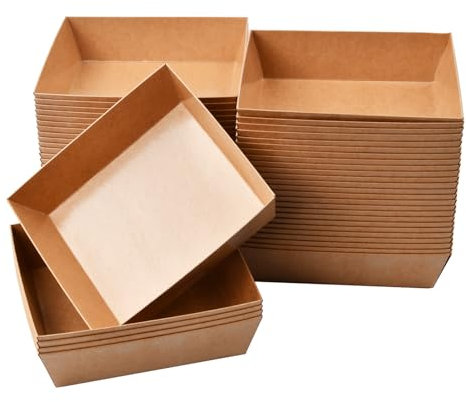50 Piezas Bandeja de Comida de Cartón, Cajas para Papas Fritas de Papel Kraft, Cajas de Cartón para Alimentos, Cuencos Aperitivos Desechables para Ensaladas Galletas Macarons (12,5 x 11 x 3,5 cm)