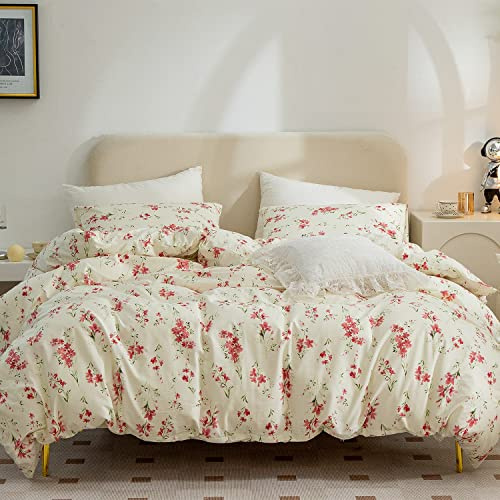 ERZRGA Garden Style Floral King Duvet Cover, 100% Microfiber Red Floral Bedding Sets King for All Seasons, 1 Duvet Cover and 2 Pillowcases with Zipper Closure & 4 Ties (Floral, King)