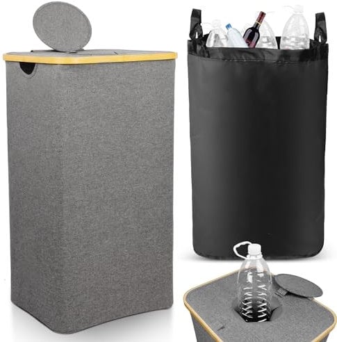 SOUTHGATE 100L Large Recycling Bins for Kitchen, Indoor Deposit Bottle Collector Bins with Flip Lid, Removable Recycling Bag & Bamboo Handle, for Bottles and Cans, Grey