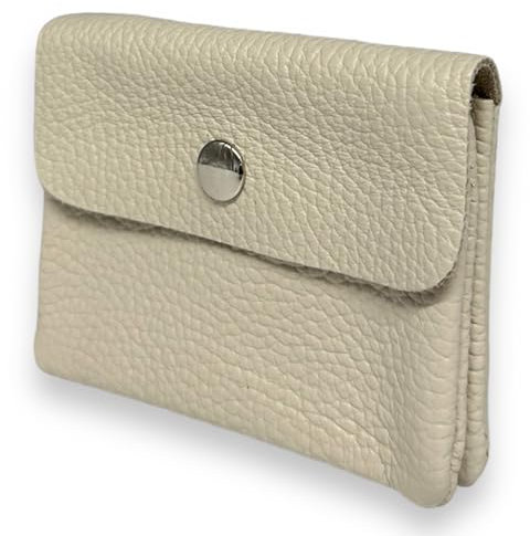 Portemonnaie Damen klein Leder mit Münzfach und Knopf Mini Geldbörse Brieftsche Geldbeutel Echtleder (Beige)