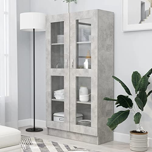 NITCA Vitrinenschrank Glasvitrine Bücherschrank Mit Glastüren Vitrine Betongrau Schrank Mit Vitrine Glasvitrine Groß Esszimmer Vitrinenschrank 82,5x30,5x150 cm Holzwerkstoff