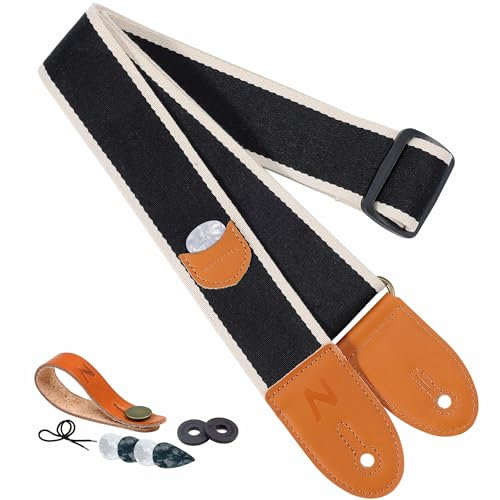 Correa de Guitarra, Cuerda de Guitarra de Algodón con Bolsillo para Púas para Bajo, Guitarra Eléctrica y Acústica, Viene con Botón de Correa Gratis, 1 Par de Cierres de Correa y 4 Púas de Guitarra
