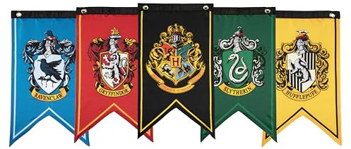 Conquest Journals Harry Potter Wizarding House - Juego de banderas de poliéster de 12 x 20 pulgadas, juego de 5 incluye escudo de Hogwarts, Gryffindor, Slytherin, Ravenclaw y Hufflepuff, fiesta de