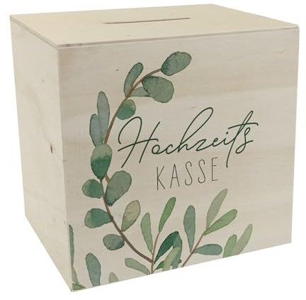 Hochzeitskasse Eukalyptus Spardose aus Holz Liebes Brautpaar Hochzeitsgeschenk Flitterwochen-Fundus Deko Heirat heiraten Spaß Boho-Motiv