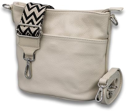 ADEL Damen Umhängetasche Echtes Leder LINA Handgemachte Crossbody Bag 4 Fächer Schultertasche mit Ledergurt + Breitem Gemustertem Riemen wasserdichte Stylische Made in Italy (Beige)