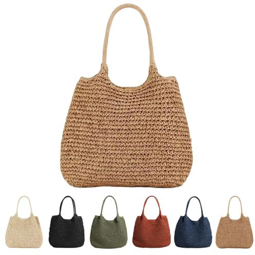 CXINLky Bolso de paja de verano para mujer, bolsa de paja de verano, bolsa de paja de gran capacidad, bolso de playa bohemio, bolso trenzado, bolsa de cesta, bolsa de playa, caqui, large