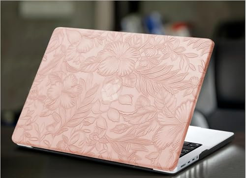 KEROM Hülle für MacBook Pro 13 Zoll 2024-2016 Modell M2 M1 A2338 A2251 A2289 A2159 A1989 A1708 A1706, Strukturiertes Leder Hartschale Case Geprägtes Blumenmuster Schutzhülle und Tastaturschutz, Rosa