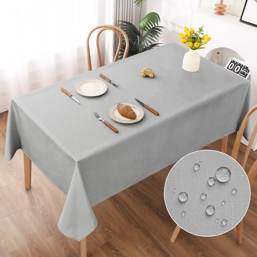 AooHome Tischdecke Abwaschbar, Hellgrau Tischdecken 140x220cm Leinen-Optik Tischtuch aus Polyester Wasserabweisend mit Lotuseffekt, Dauerhaft Kratzfest für Wohnzimmer, Esszimmer, Balkon, Garten