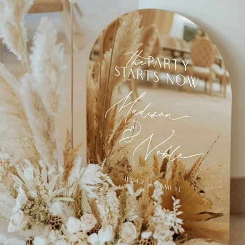 Pahdecor Letrero de bienvenida personalizado para boda, letrero de espejo de boda dorado para recepciones de boda y decoraciones de casa nueva, añade los nombres de los recién casados Tiempo de boda y