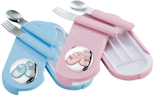 Cubiertos Infantiles con Aplique Laminado en Plata de Ley 925‰. Diseño de Patucos. Disponible en color Azul y Rosa. (E0974)