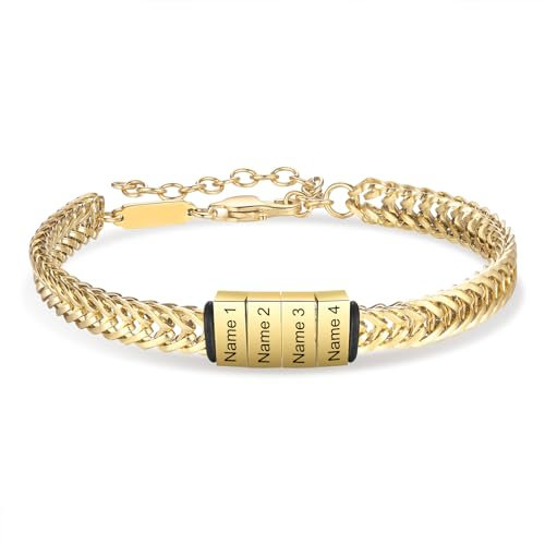 Amsgedhie Herrenarmband aus Edelstahl, personalisiertes Namensarmband (2~6 Namen), Kettenlänge 25,5cm, personalisierter Modeschmuck für Vater Sohn Bruder Ehemann. (Name 6, Gold)