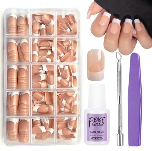 240PCS Acrylic Press on Nails Set - Nude French Tip False Nails - Short Square Nail Tips and Glue Stick on Nails - 15 Size Coffin French Manicure Fake Nails for Women Nail Art Home