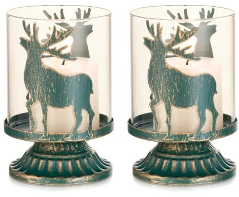 Sziqiqi Teelichthalter Hirsch für Weihnachten Tischdeko: Grün Kerzenhalter Stumpenkerzen Geweih Set von 2 Dekorative Kerzenständer mit Windlicht Glas für Weihnachten Tisch Fensterbank Dekor