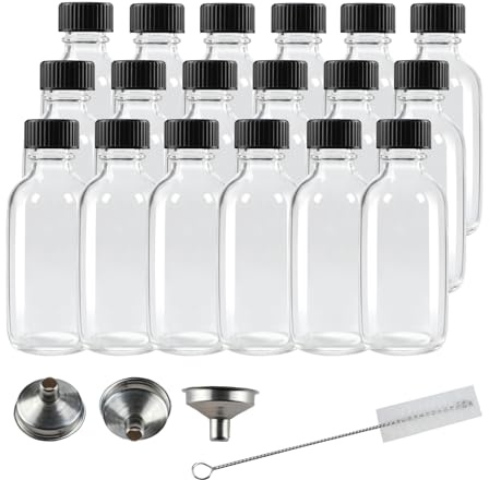 XHPHAPACK Lot de 8 petites bouteilles à shot rondes en verre transparent de 60 ml avec couvercles, mini bouteilles essentielles de voyage adaptées pour jus de fruits, potions, whisky et autres