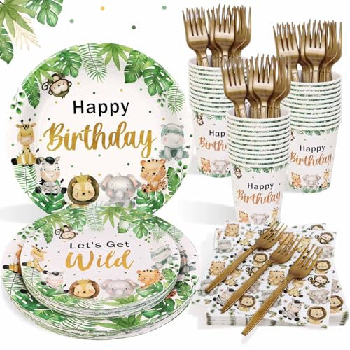 Heboland Vaisselle Decoration Anniversaire Jungle pour 25 Invités, 125pcs Vaisselle Anniversaire Jungle Safari, Assiette Jetable Anniversaire Jungle,Serviettes,Tasses pour Déco Anniversaire Fête