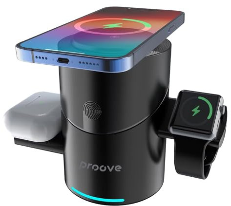 Spec5 Wireless Charging Station - Qi-Certified 15W 3 in 1 Rotating Fast Charging Dock for iPhone, AirPods, and Apple Watch - Black