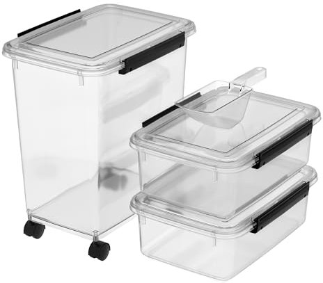 Cetomo Dog Food Storage Container, Airtight Food Containers with Wheels, Silicone Seal, Snap Locks, Plastic Pet Food Bin with Lid for Dogs, Cat, Pets, Animal, Clear, 10L/3.5kg*2+32L/12kg (1 Scoops)
